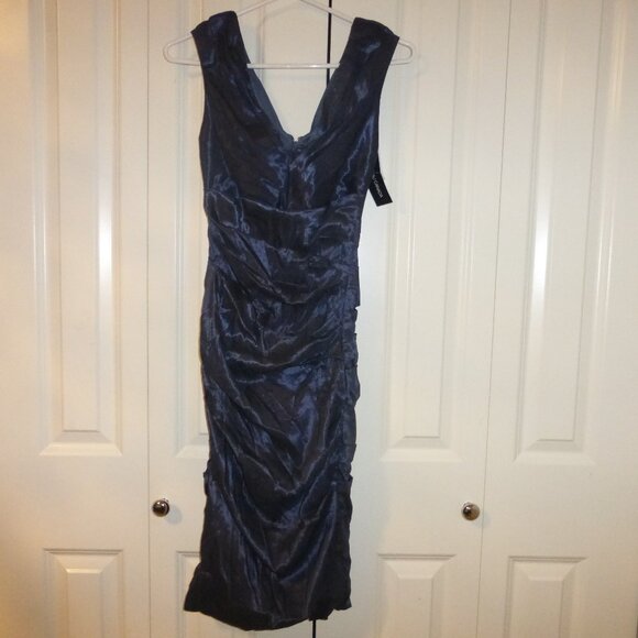 LE CHATEAU navy blue shimmery satin ruched cocktail party midi dress - Picture 3 of 9